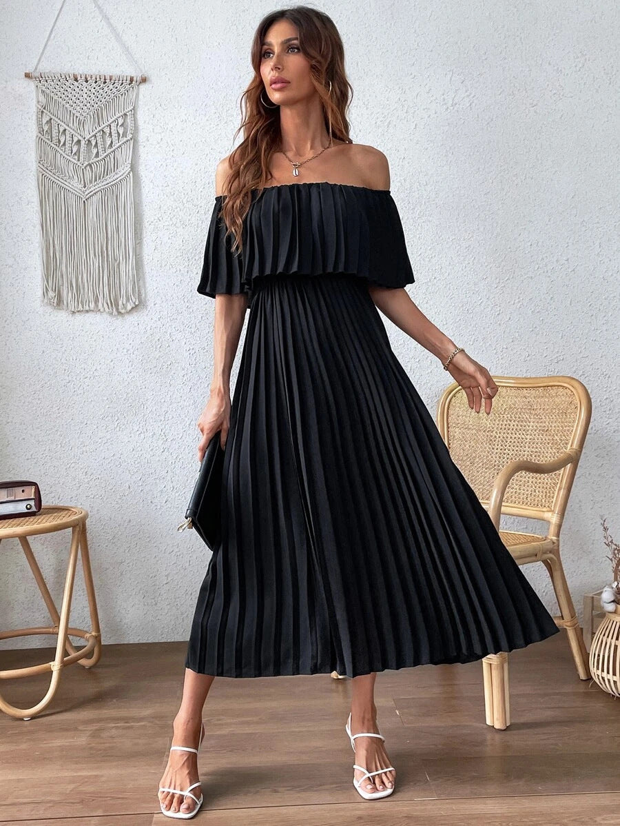 Pleated Backless Off Shoulder Long Dress