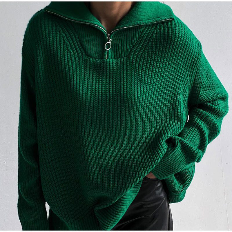 Erika Loose Zipper Lapel Women Pullover