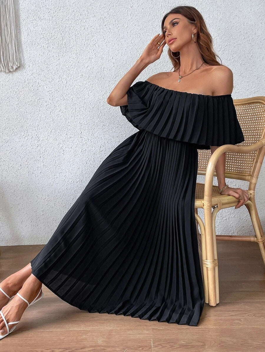 Pleated Backless Off Shoulder Long Dress