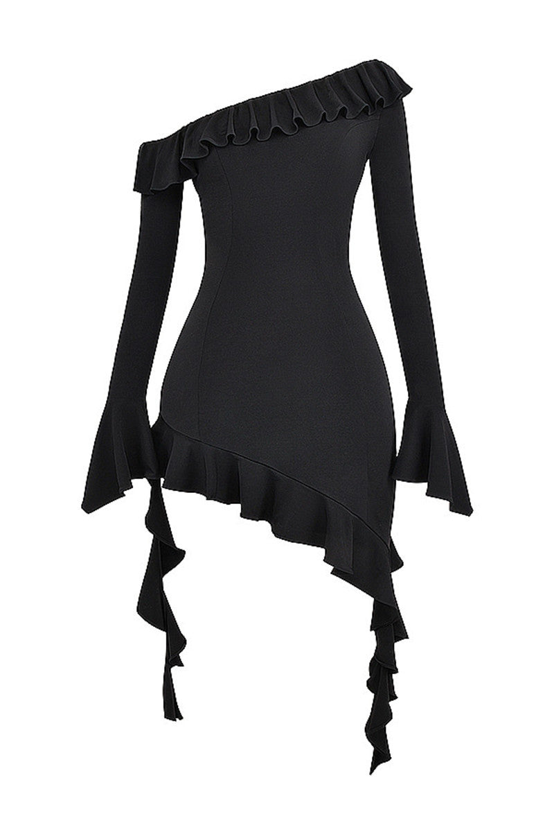 Jasmine Diagonal Collar Ruffled Sexy Mini Dress