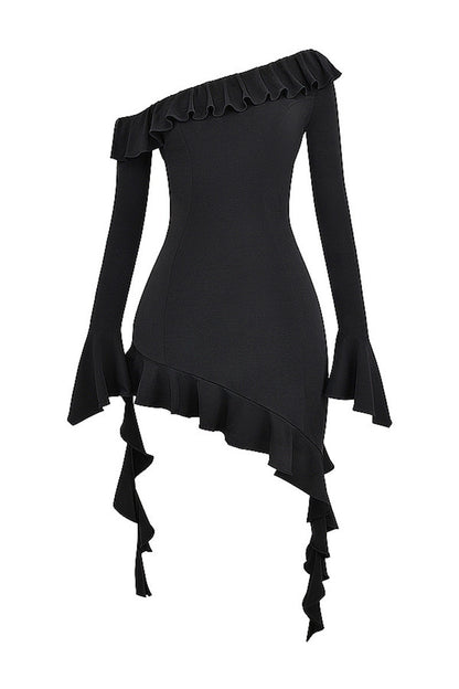 Jasmine Diagonal Collar Ruffled Sexy Mini Dress