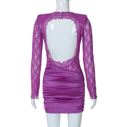 Melissa Purple Lace See Through Backless Sexy Mini Dress