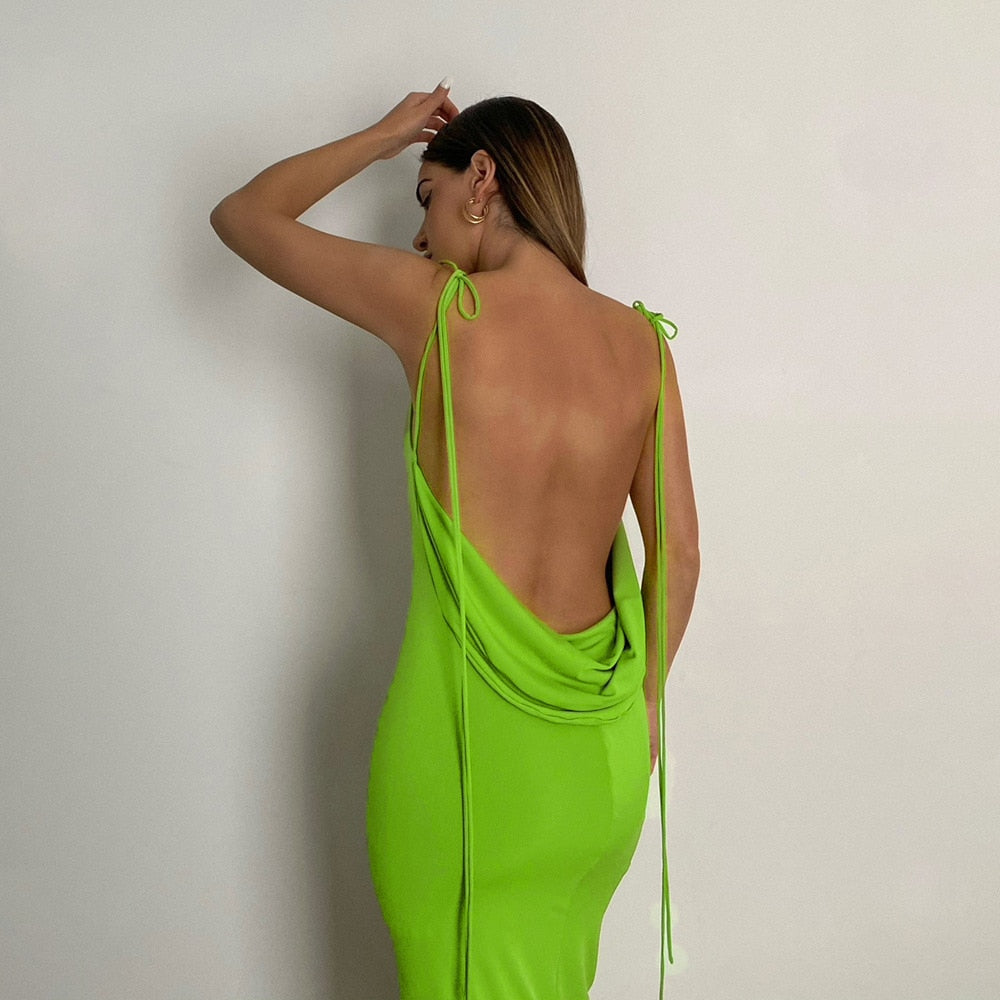 Lena Spaghetti Strap Sexy Backless Draped Maxi Dress